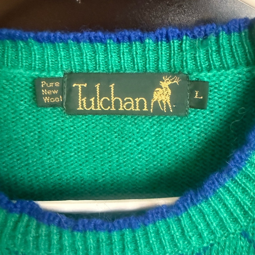 Vintage Tulchan Green Crew Neck Wool Sweater Size Large Embroidered Flowers - Picture 3 of 5